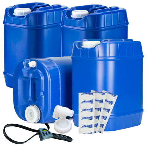 5 Gallon Stackable Blue Water Tank ‐ Set of 4 w/spigot and water treatment