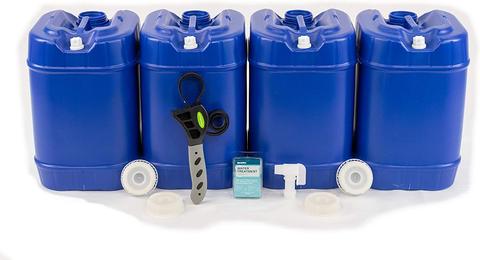 5 Gallon Stackable Blue Water Tank ‐ Set of 4 w/spigot and water treatment